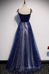 Blue Velvet Tulle Long A-Line Evening Prom Dress, Blue Spaghetti Straps Evening Dress
