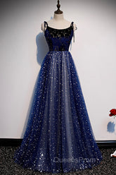 Blue Velvet Tulle Long A-Line Evening Prom Dress, Blue Spaghetti Straps Evening Dress