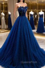 Blue Velvet Tulle Long A-Line Evening Prom Dress, Blue Strapless Evening Dress