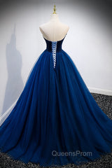 Blue Velvet Tulle Long A-Line Evening Prom Dress, Blue Strapless Evening Dress