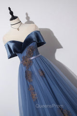 Blue Velvet Tulle Long A-Line Evening Prom Dress, Off the Shoulder Evening Dress