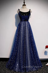 Blue Velvet Tulle Long Evening Prom Dress, A-Line Evening Party Dress