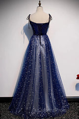 Blue Velvet Tulle Long Evening Prom Dress, Beautiful A-Line Evening Party Dress