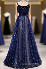 Blue Velvet Tulle Long Evening Prom Dress, Beautiful A-Line Evening Party Dress