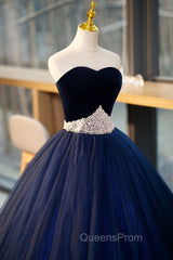 Blue Velvet Tulle Long Evening Prom Dress, Blue Evening Party Dress