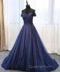 Dark Blue Shining Tulle Long Evening Prom Dress, Evening Dress