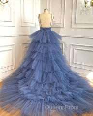 Blue V Neck Tiered Sleeveless Tulle Evening Prom Dress, Gorgeous Long Party Dress