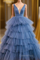Blue V Neck Tiered Sleeveless Tulle Evening Prom Dress, Gorgeous Long Party Dress