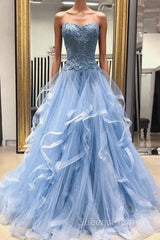 Gorgeous A Line Sweetheart Appliques Lace Evening Prom Dress with Ruffles
