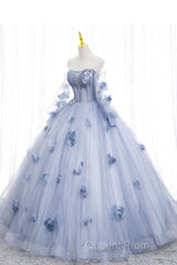 Blue Long Sleeves Tulle Evening Prom Dress with Flowers, Puffy Off the Shoulder Quinceanera Dress