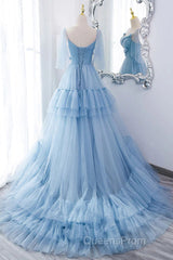 A Line V Neck New Style Tiered Long Tulle Evening Prom Dress, Evening Gown with Flower