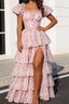 Blush Pink A Line Square Neck Tiered Prom Dress With Slit