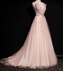 Blush Pink A-Line V-Neck Glitter Tulle With Beaded Long Evening Prom Dress Adult Ceremony Evening Dress