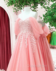 Blush Tulle A-Line Off Shoulder Appliques Dress