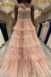Blushing Pink Tulle Ruffle Layers Lace-Up Back A-Line Evening Prom Dress
