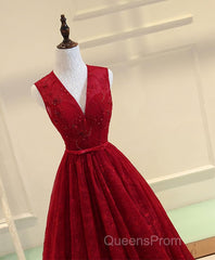 Burgundy V Neck Lace Long Evening Prom Dress, Burgundy Evening Dress