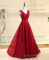 Burgundy V Neck Lace Long Evening Prom Gown Burgundy Evening Dress