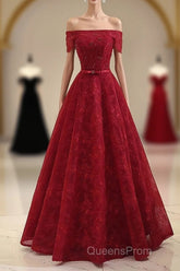 Burgundy a Line Lace Long Evening Prom Dress, Burgundy Evening Dress