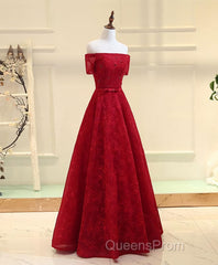 Burgundy a Line Lace Long Evening Prom Dress, Burgundy Evening Dress