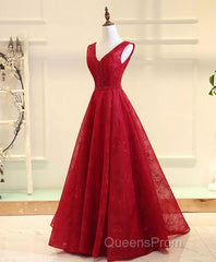 Burgundy V Neck Lace Long Evening Prom Gown Burgundy Evening Dress