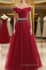 Burgundy Tulle Off Shoulder Long Evening Prom Dress, Burgundy Evening Dress