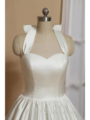 Bridal Shower Little White Dress Wedding Dress Tea Length A-Line Sleeveless Halter Satin With Bow(S) Pleats