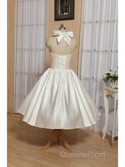Bridal Shower Little White Dress Wedding Dress Tea Length A-Line Sleeveless Halter Satin With Bow(S) Pleats