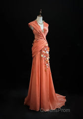 Bright Orange Mermaid V-Neck Satin Beaded Long Evening Prom Dress Sequined Evening Gown