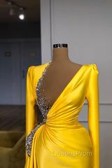 Bright Yellow V-neck Metallic Sequin Long sleeves Evening Prom Dress