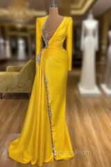Bright Yellow V-neck Metallic Sequin Long sleeves Evening Prom Dress