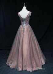 Brown A-Line Tulle Long Formal Dress Features Plunge Neck With Mesh Insert Evening Prom Dress,
