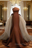 Brown Mermaid Satin Tulle Long Evening Prom Dress, Brown Long Evening Dress