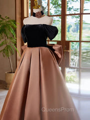 Brown Satin And Black Velvet Evening Prom Dress, Off Shoulder A-Line Party Dress
