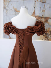 Brown Satin Off Shoulder A-Line Evening Prom Dress, Brown Satin Evening Dress Formal Dress