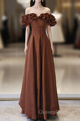 Brown Satin Off Shoulder A-Line Evening Prom Dress, Brown Satin Evening Dress Formal Dress