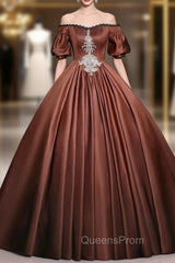Brown Satin Off the Shoulder Short Sleeve Quinceanera Dress