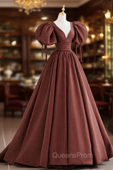 Brown Satin Short Sleeves Long Party Dress, Brown V-neckline Evening Prom Dress