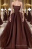 Brown Satin Tulle Long Evening Prom Gown, Brown Long Evening Dress