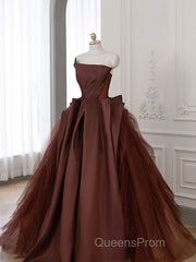 Brown Satin Tulle Long Evening Prom Gown, Brown Long Evening Dress
