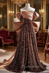 Brown Sequins Satin Pleats Evening Prom Dress With Bow