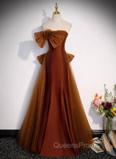 Brown Tulle and Satin Mermaid Long Party Dress, New Style Long Evening Dress Evening Prom Dress