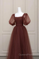 Brown Tulle Floor Length Evening Prom Dress, A-Line Short Sleeve Evening Party Dress