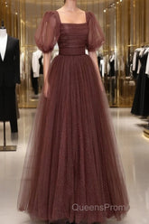 Brown Tulle Floor Length Evening Prom Dress, A-Line Short Sleeve Evening Party Dress