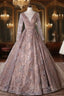 Brown Tulle Long Sleeve Pearls Embroidery Quinceanera Dress