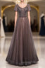Brown Tulle V-neck Short Sleeve Beading Sequins Evening Prom Dress