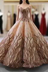 Brown Vintage Ball Gown Spaghetti Straps Wedding Dress With Pearls