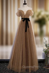 Brown Wave Point Tulle Off the Shoulder Evening Prom Dress