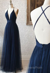 Simple Tulle Long Evening Prom Dress, A Line Backless Evening Dress
