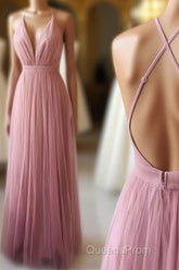Simple Tulle Long Evening Prom Dress, A Line Backless Evening Dress