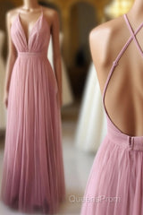 Simple Tulle Long Evening Prom Dress, A Line Backless Evening Dress